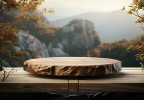 AI generated Wood and stone slice round disc podium with mountain background podium In forest For product presentation photo