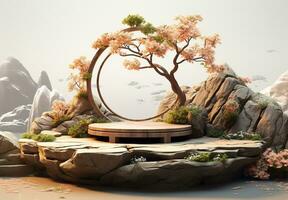 AI generated Wood and stone slice round disc podium with mountain background podium In forest For product presentation photo