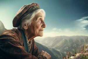 Old happy woman on top mountain travel. Generate Ai photo