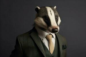 Anthropomorphic badger dressed suit. Generate Ai photo