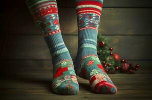 Navidad calcetines piernas vistoso estilo. generar ai foto