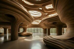 Wooden building ultra modern big hall. Generate Ai photo