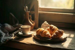 Cozy morning coffee croissant breakfast morning. Generate Ai photo