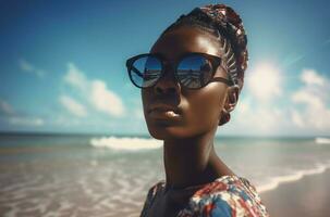 negro mujer playa Gafas de sol. generar ai foto