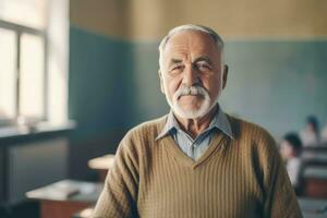 Senior bearded teacher classroom portrait. Generate Ai photo