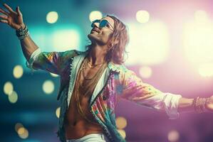 hombre bailando rock en Gafas de sol borroso. generar ai foto