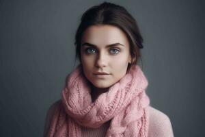 Woman pink scarf confident. Generate Ai photo