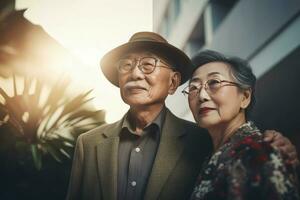Modern style old asian couple pose. Generate Ai photo