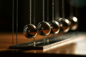 Newtons cradle wooden table circle. Generate Ai photo