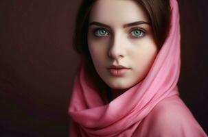 Woman pink scarf. Generate Ai photo