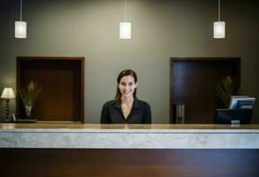 Smiling receptionist desk lobby. Generate Ai photo