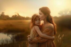 occidental dama con hija puesta de sol foto. generar ai foto