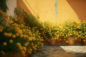 Wall base bathed slanting yellow flowers texture. Generate Ai photo