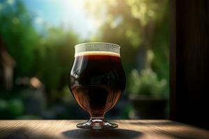 Dark beer glass at morning table. Generate Ai photo