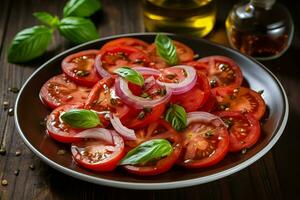 Tomato salad onion basil fresh vegetables. Generate Ai photo