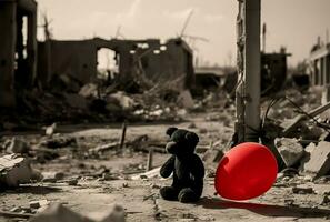War toy with red balloon. Generate Ai photo