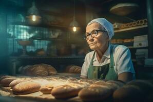 retirado mujer trabajando a panadería tienda un pan. generar ai foto