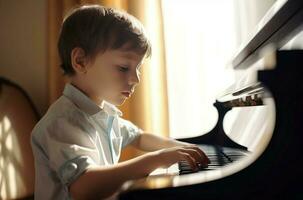 Concentrated little boy playing piano at home. Generate ai photo