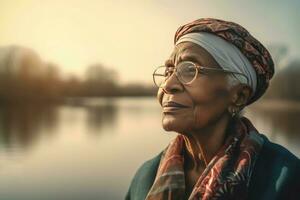 Elderly black woman with glasses at morning lake. Generate ai photo