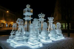 Ice chess glowing outdoor glass. Generate Ai photo