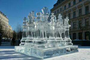 Ice chess glowing outdoor sculpture. Generate Ai photo