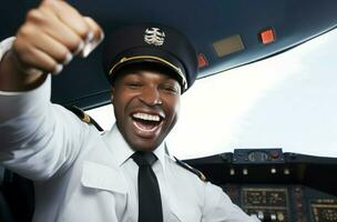 Happy black american pilot smiling portrait. Generate Ai photo