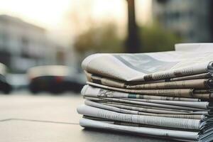 Newspaper folder stack at cafe table. Generate Ai photo