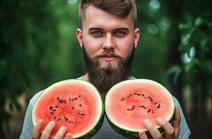 Man holds two parts of juicy watermelon. Generate Ai photo