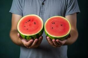 Man holds two parts of watermelon. Generate Ai photo