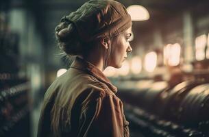 Factory vintage woman worker early morning. Generate Ai photo