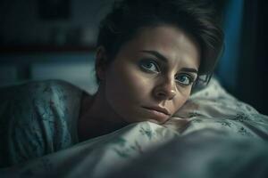 mujer cama decepcionado dinámica. generar ai foto