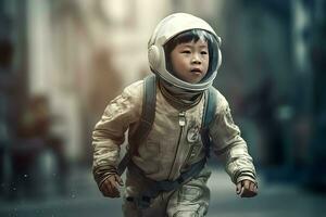 asiático chico vestido espacio traje ciencia. generar ai foto