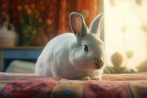 Rabbit sitting on bed blanket in sunlight. Generate Ai photo