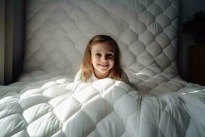 Child wearing shite quilt in bed. Generate Ai photo