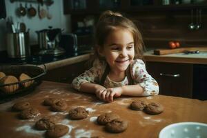 pequeño niña horneando galletas cocina. generar ai foto