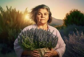 Autistic woman lavender field shot. Generate Ai photo