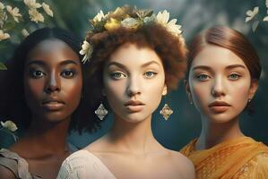 Different colorful woman. Generate Ai photo