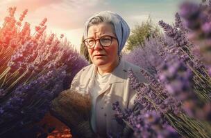 Autistic woman with glasses lavender field. Generate Ai photo