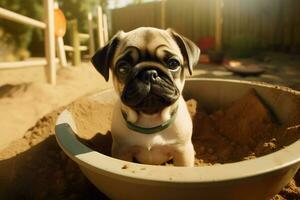Pug puppy in sandbox at sunny day. Generate Ai photo