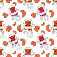 Cosmic seamless pattern, cute doodle cat astronauts floating in space, vector illustration