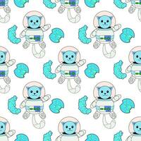 Cosmic seamless pattern, cute doodle cat astronauts floating in space, vector illustration
