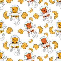 Cosmic seamless pattern, cute doodle cat astronauts floating in space, vector illustration