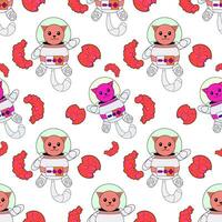 Cosmic seamless pattern, cute doodle cat astronauts floating in space, vector illustration