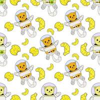Cosmic seamless pattern, cute doodle cat astronauts floating in space, vector illustration