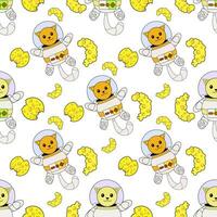 Cosmic seamless pattern, cute doodle cat astronauts floating in space, vector illustration