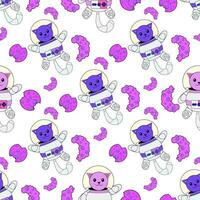 Cosmic seamless pattern, cute doodle cat astronauts floating in space, vector illustration