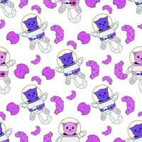 Cosmic seamless pattern, cute doodle cat astronauts floating in space, vector illustration