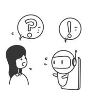 hand drawn doodle person talk with chat bot on mobile phone vector