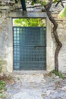 imagen de un verde Entrada puerta a un residencial edificio con un antiguo fachada foto