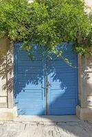 Image of a blue entrance door to a residential building with an antique facade photo